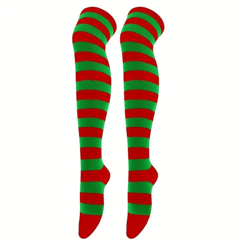 Striped Patterned Socks (Thigh High) Green and Red