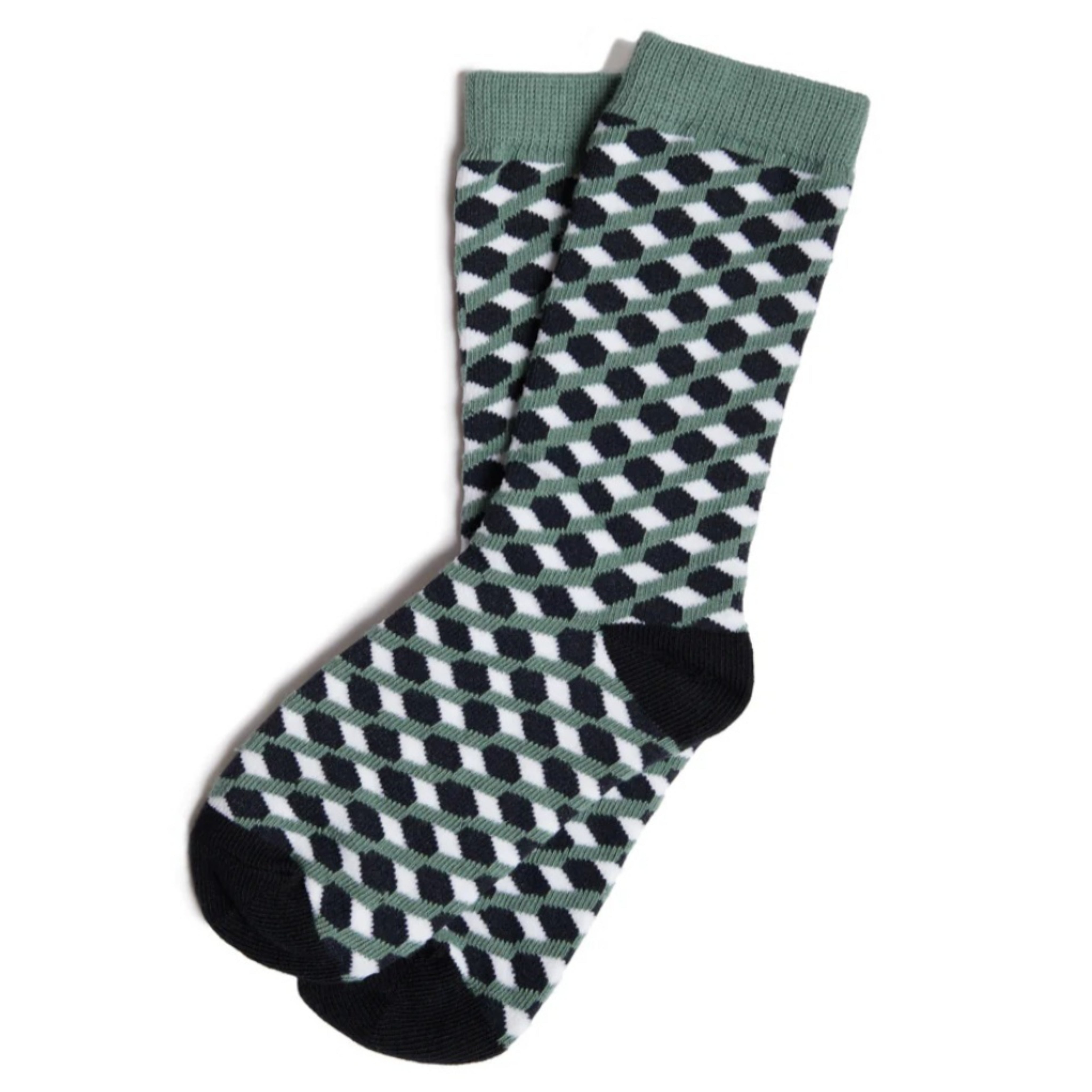 Olive Green, Black and White 3D Cubed Patterned Socks