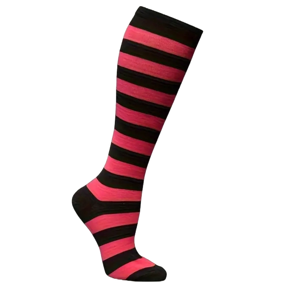 Striped Patterned Socks (Knee High) Rose Red and Black