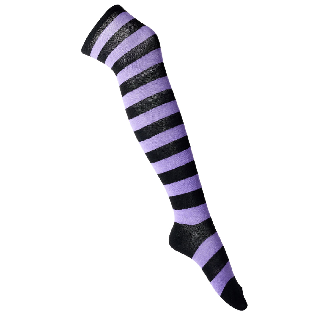 Striped Patterned Socks (Thigh High) Light Purple and Black