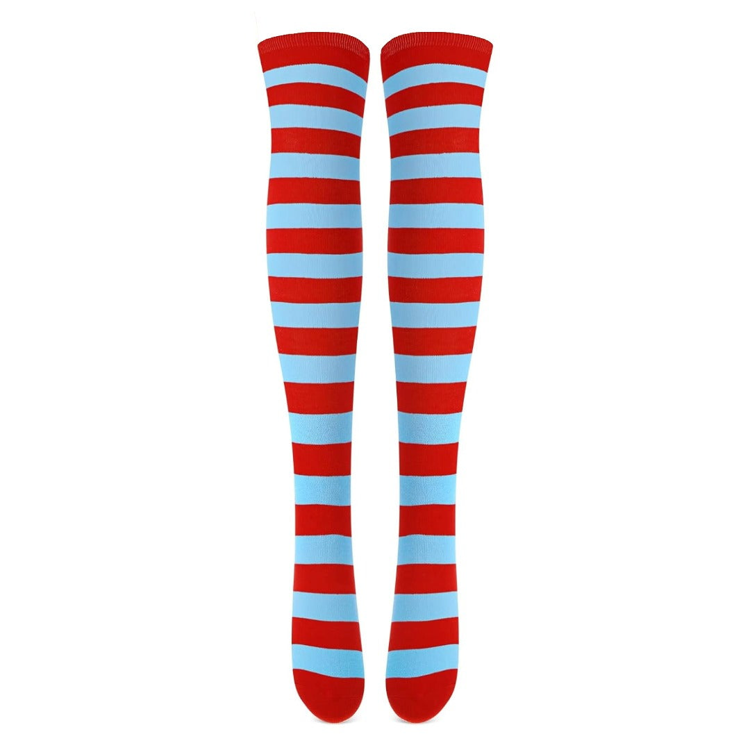 Striped Patterned Socks (Thigh High) Light Blue and Red
