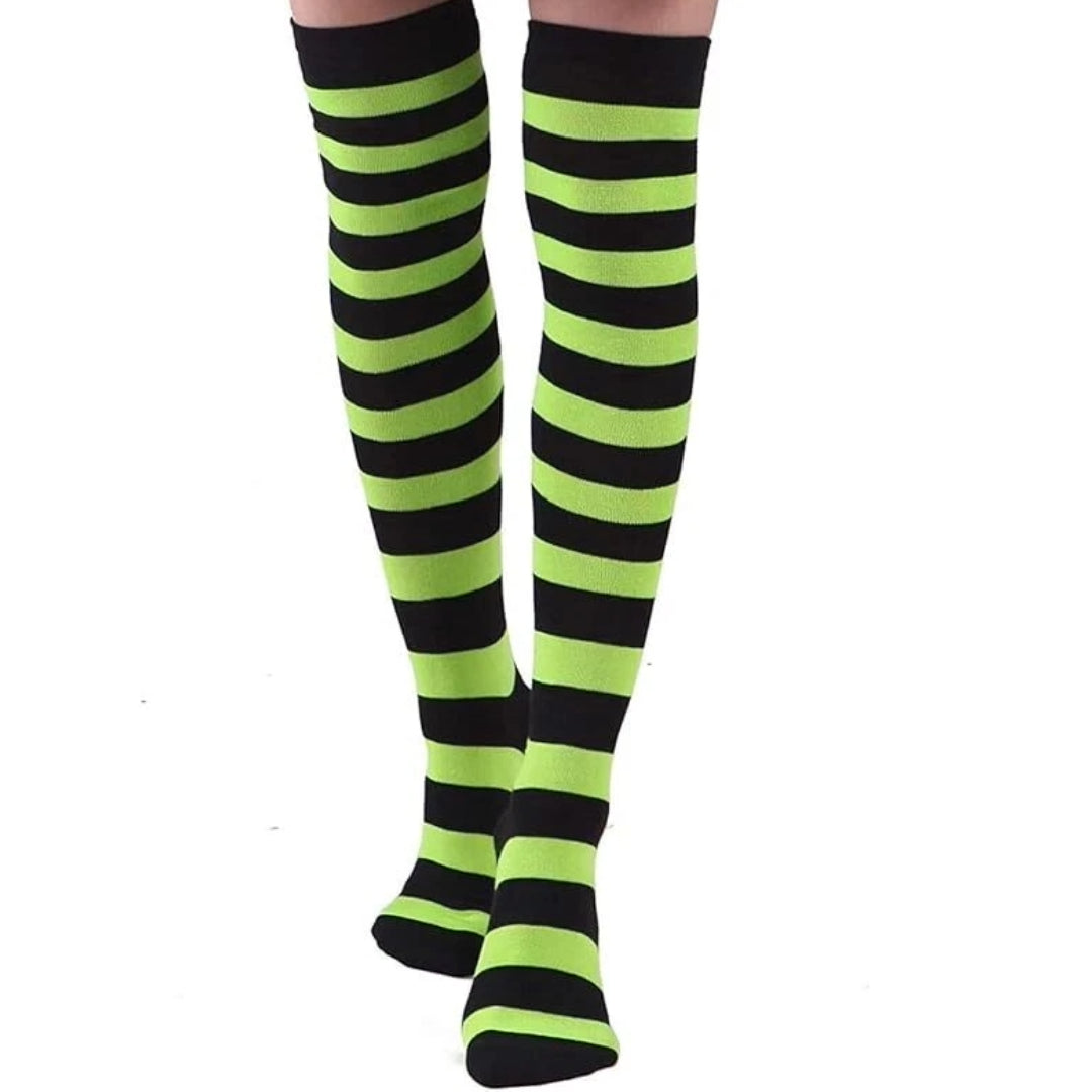 Striped Patterned Socks (Thigh High) Lime Green and Black