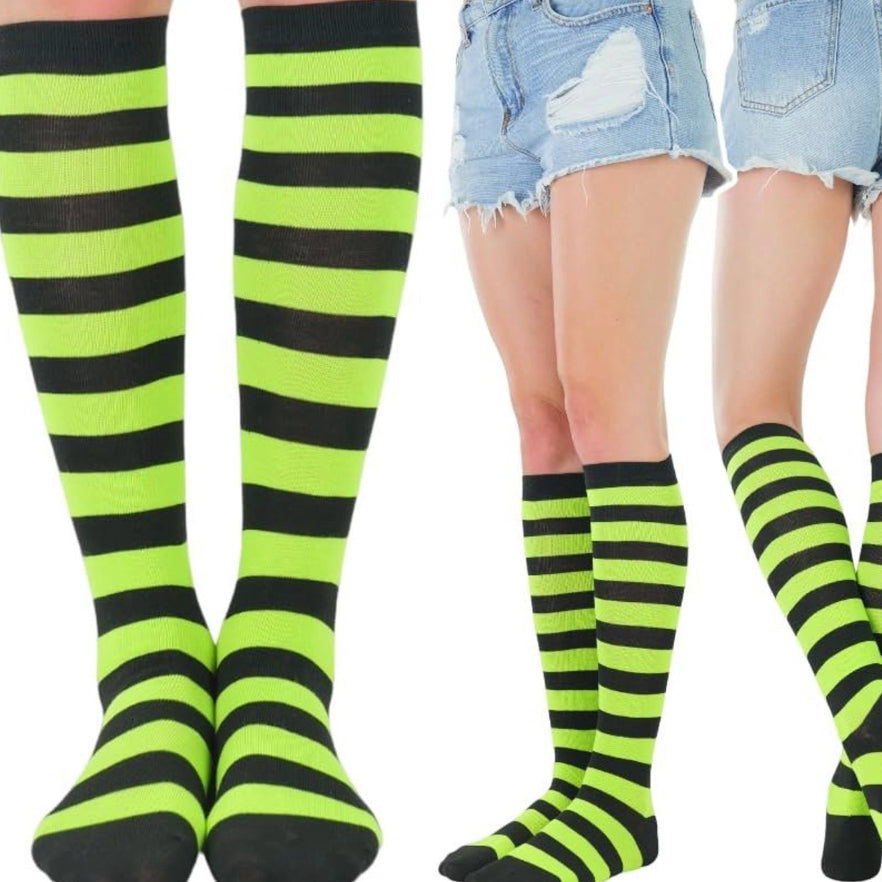 Striped Patterned Socks (Knee High) Lime Green and Black