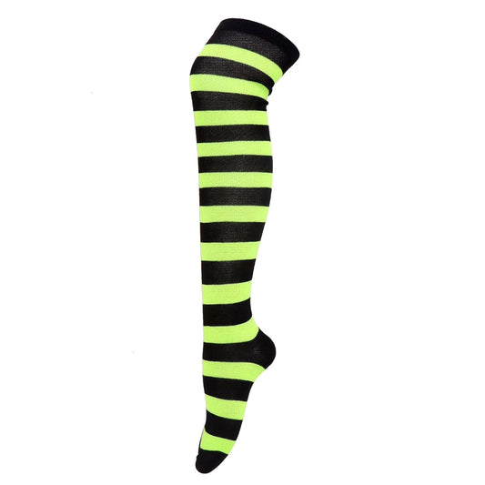 Striped Patterned Socks (Thigh High) Lime Green and Black