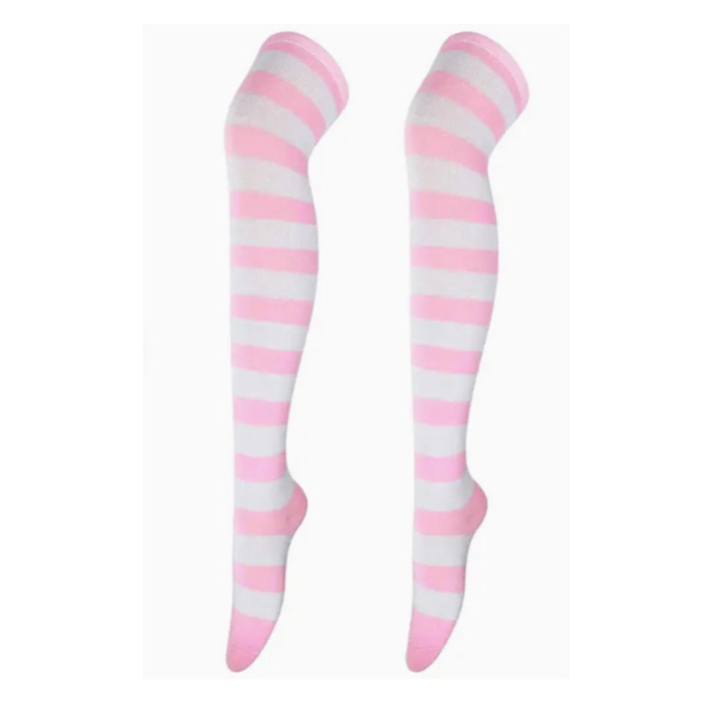 Striped Patterned Socks (Thigh High) Pink and White