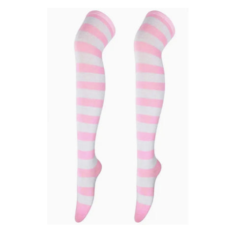 Striped Patterned Socks (Thigh High) Pink and White