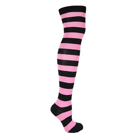 Striped Patterned Socks (Thigh High) Pink and Black