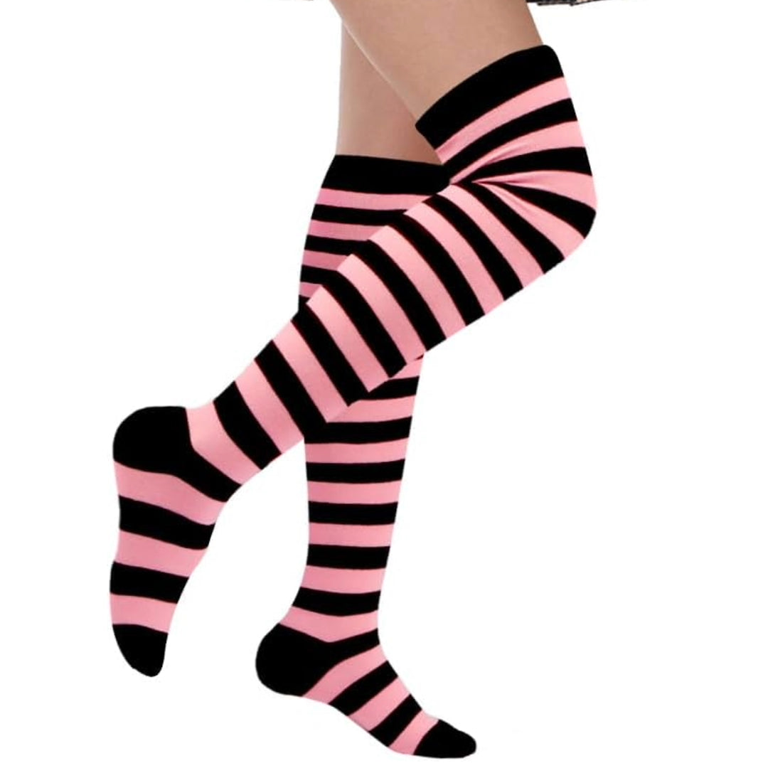 Striped Patterned Socks (Thigh High) Pink and Black