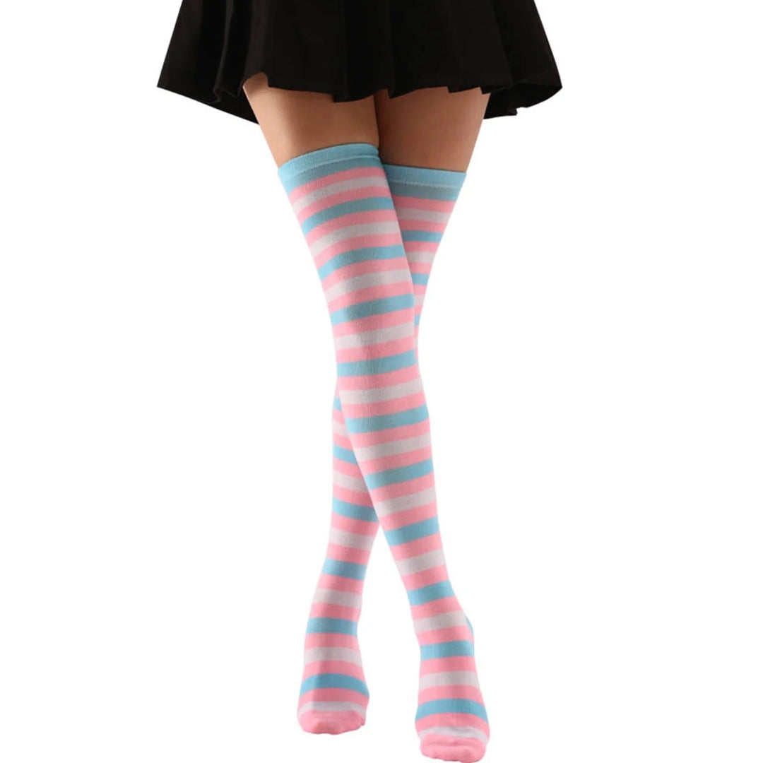 Striped Patterned Socks (Thigh High) Pink and Baby Blue