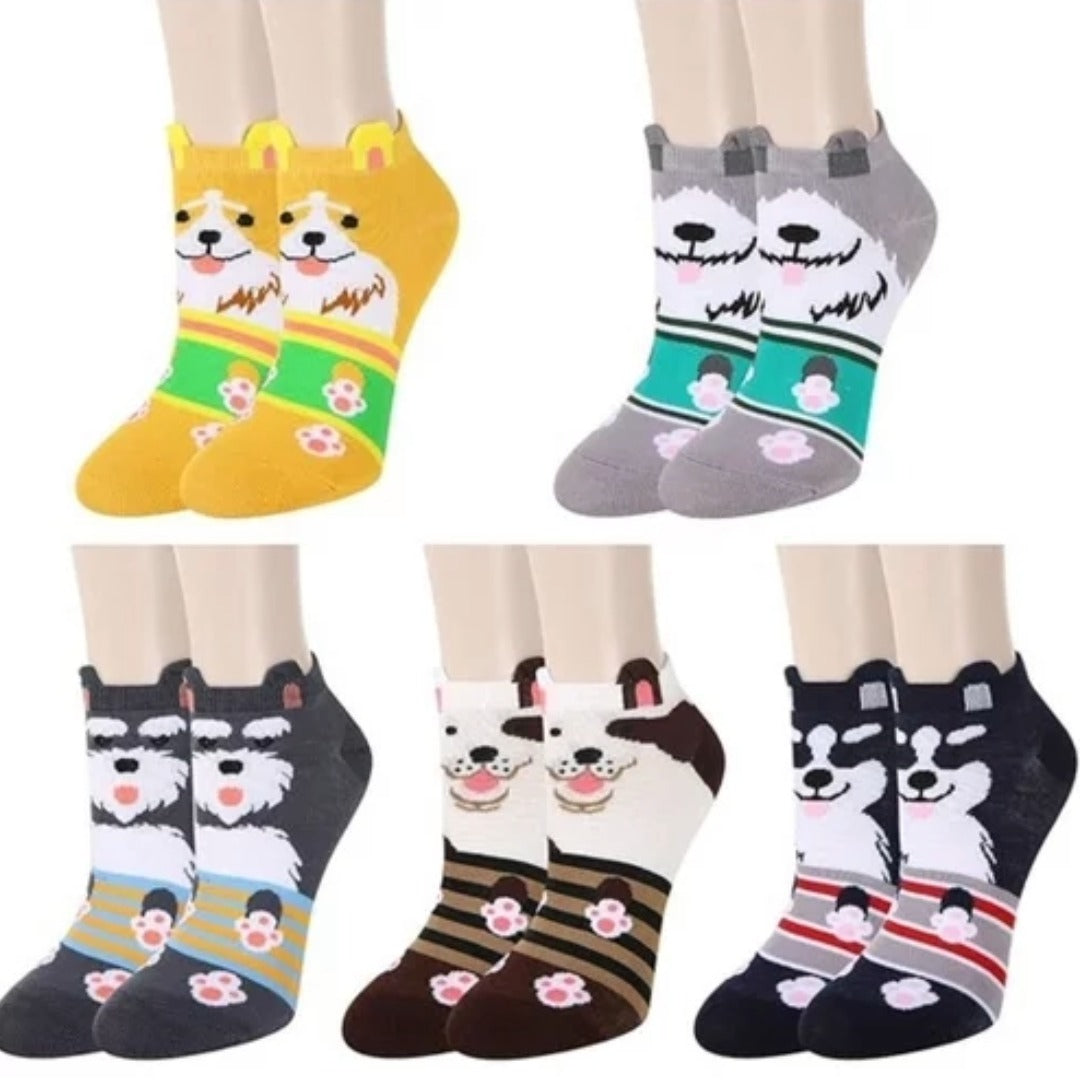 Puppy Dog Ankle Socks (Adult Medium - Women Shoe Sizes 5-10) - 5 Pack