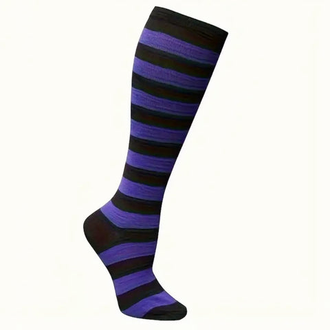 Striped Patterned Socks (Knee High) Dark Purple and Black