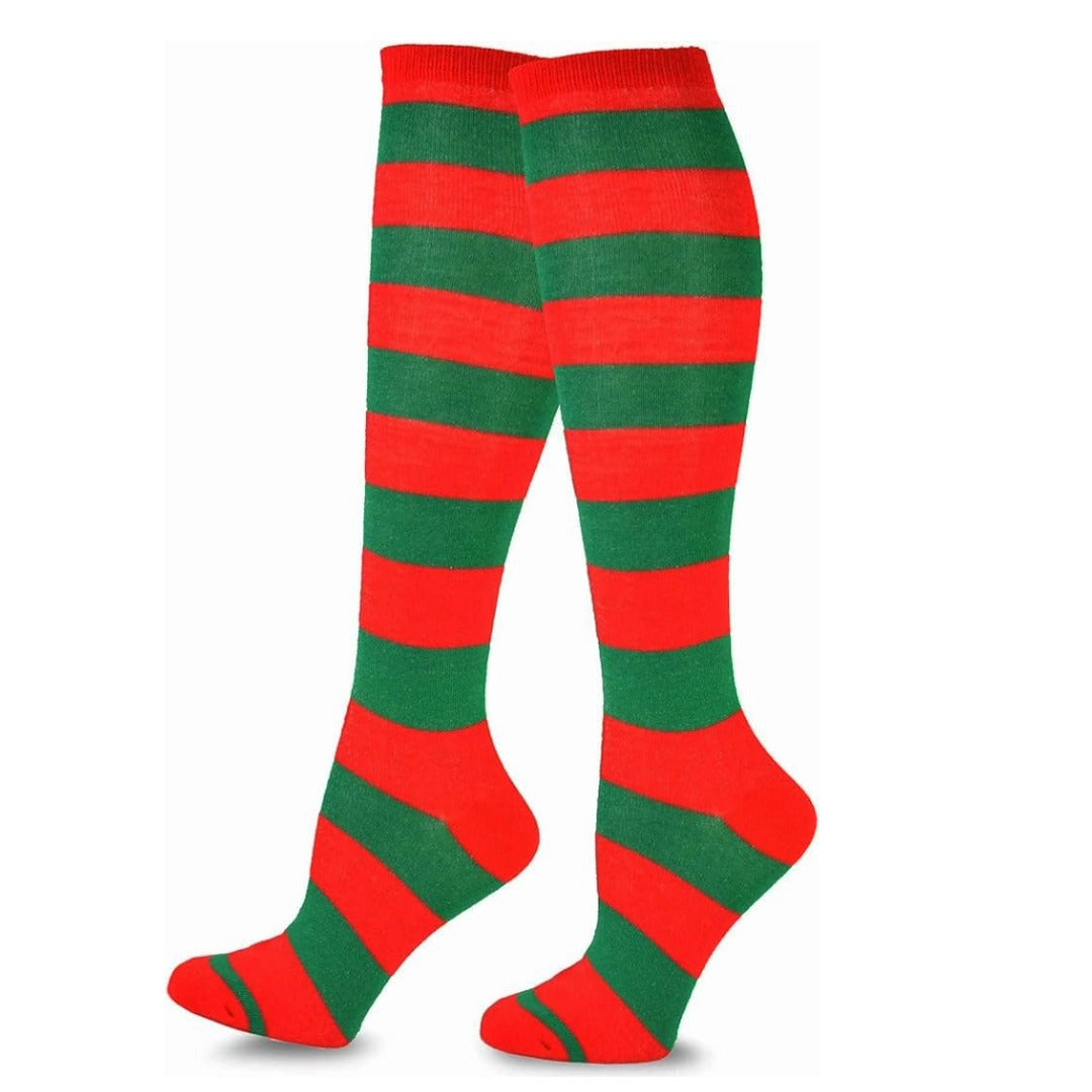 Striped Patterned Socks (Knee High) Green and Red