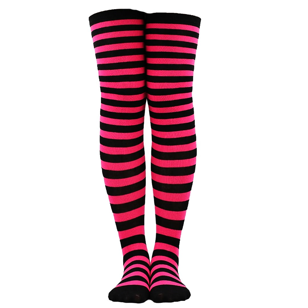 Thin Striped Patterned Socks (Thigh High) Rose Red