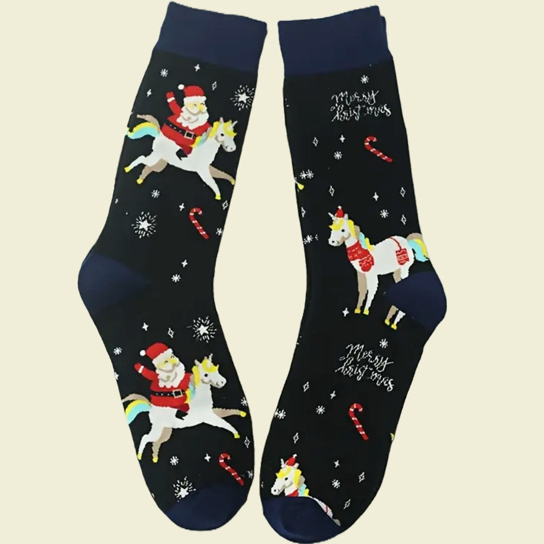 Products Santa Claus Riding a Unicorn Socks (Adult Large - Men's Shoe Sizes 8-12)