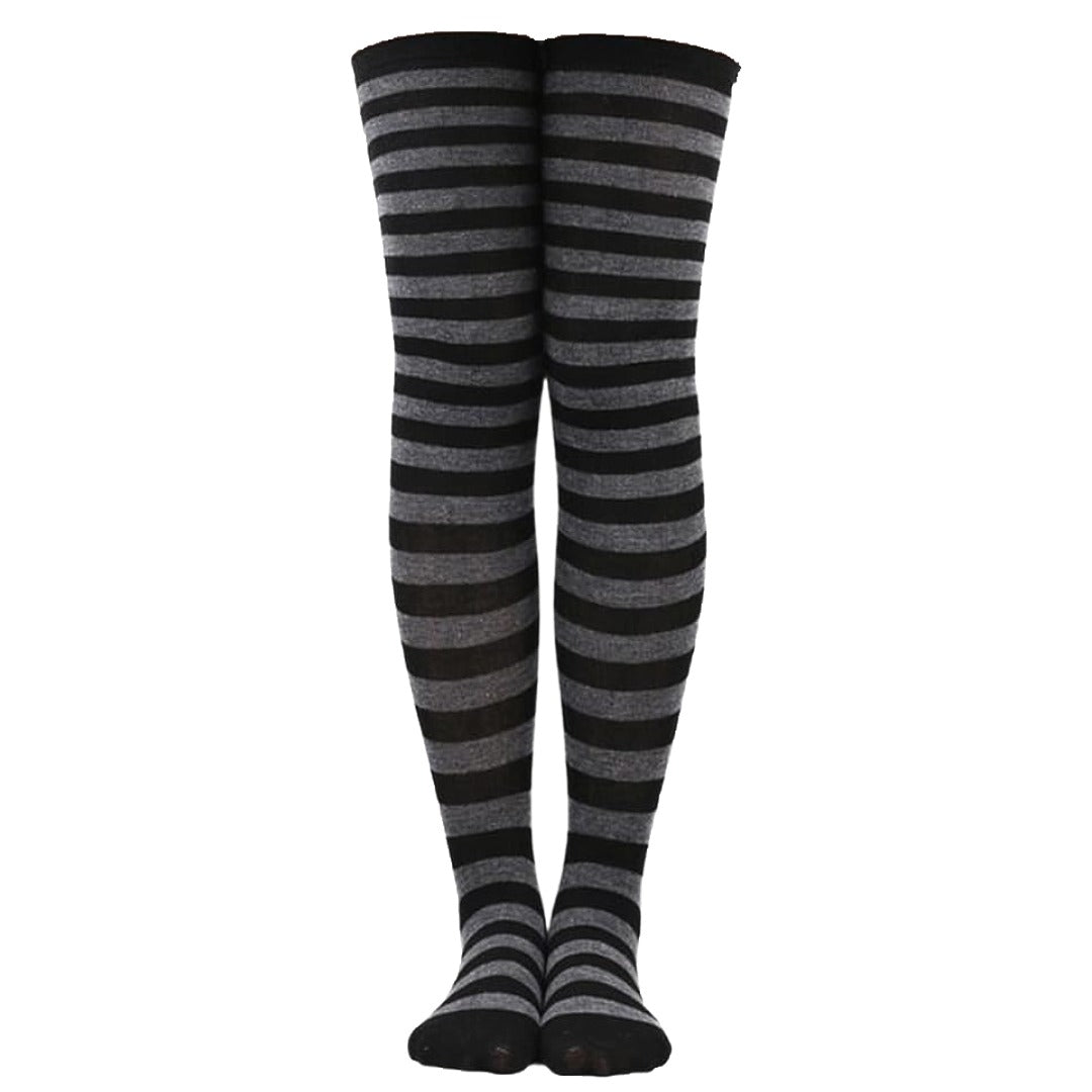Thin Striped Patterned Socks (Thigh High) Dark Gray and Black
