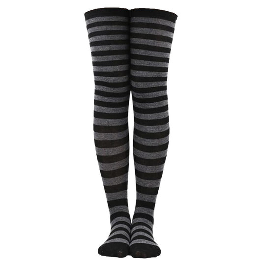 Thin Striped Patterned Socks (Thigh High) Dark Gray and Black