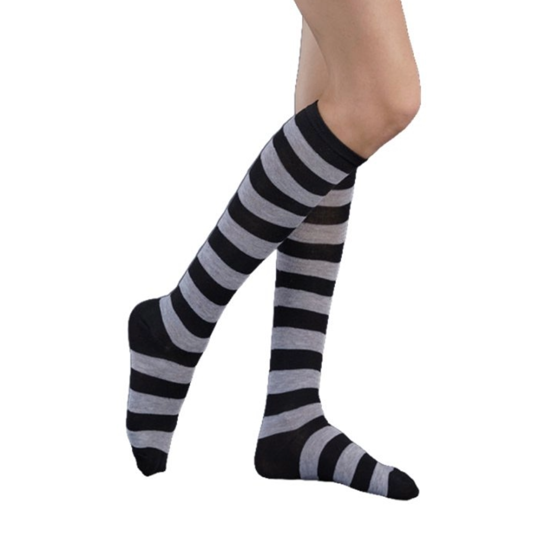Striped Patterned Socks (Knee High) Dark Gray and Black