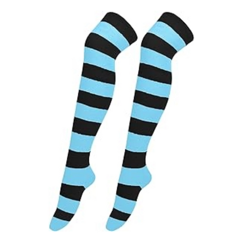 Striped Patterned Socks (Thigh High) Bright Blue and Black