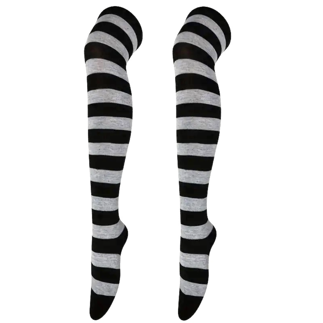 Striped Patterned Socks (Thigh High) Light Gray and Black
