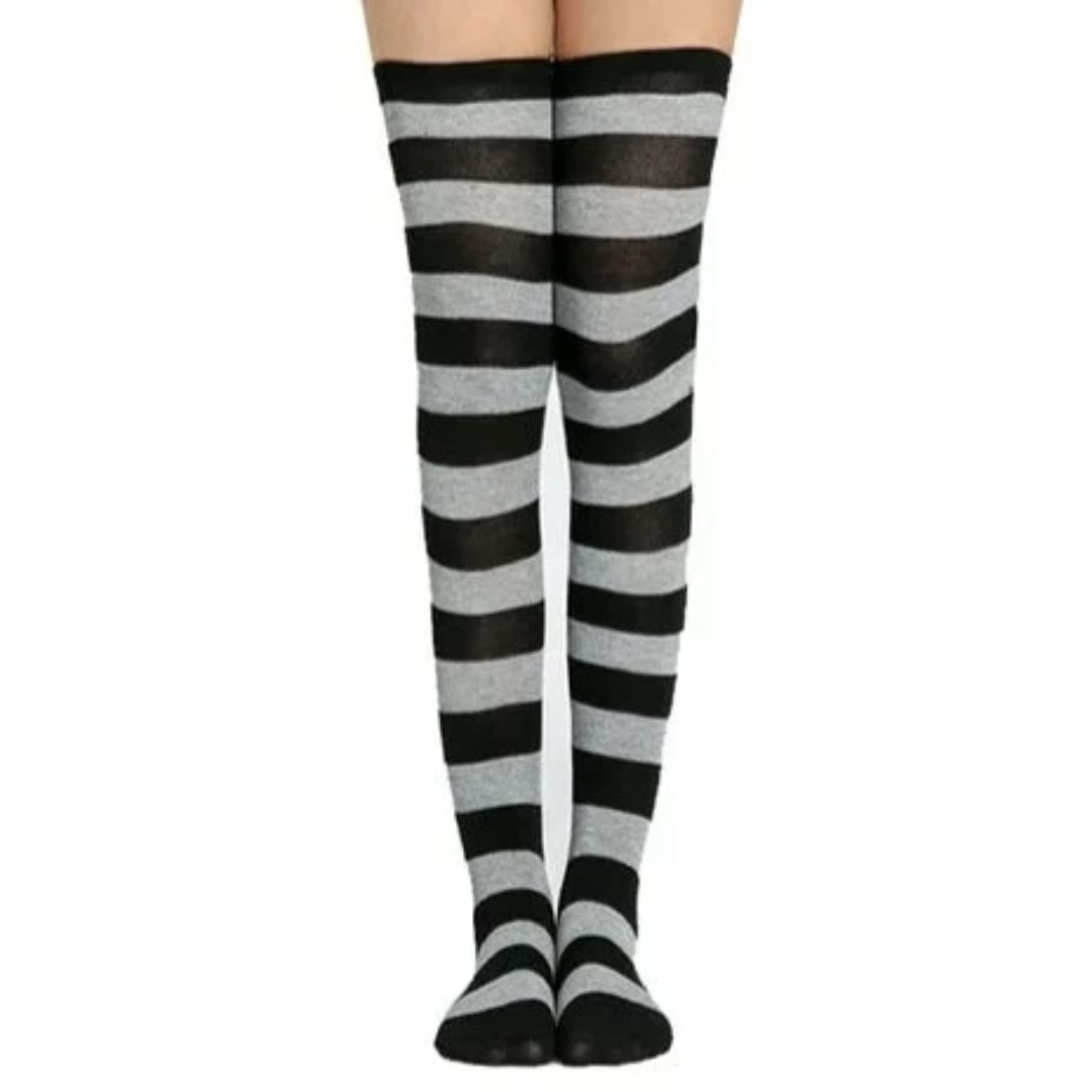 Striped Patterned Socks (Thigh High) Light Gray and Black
