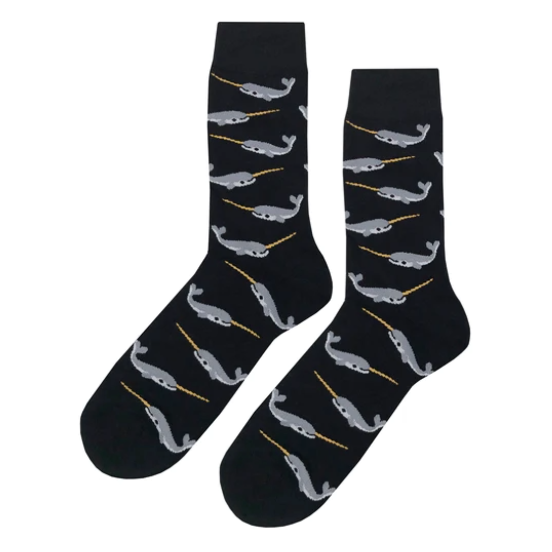 Narwhal Crew Socks (Adult Large - Men's Shoe Sizes 8-12) - Black