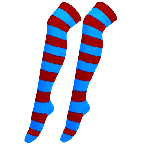 Striped Patterned Socks (Thigh High) Blue and Red