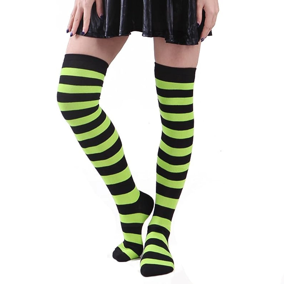 Striped Patterned Socks (Thigh High) Lime Green and Black