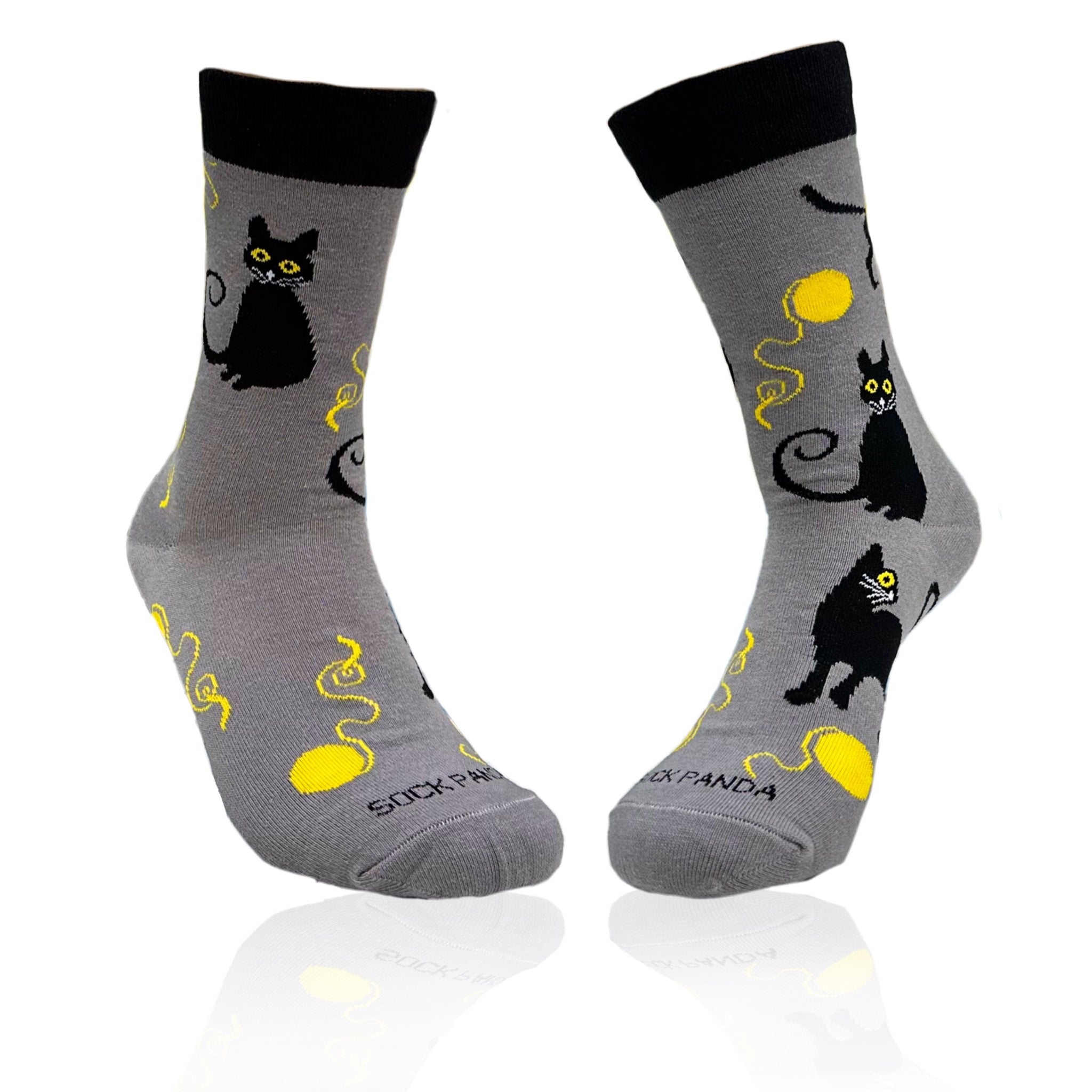 Black Cat Playing with Yarn Socks (Adult Medium - Women's Shoe Sizes 5-10)