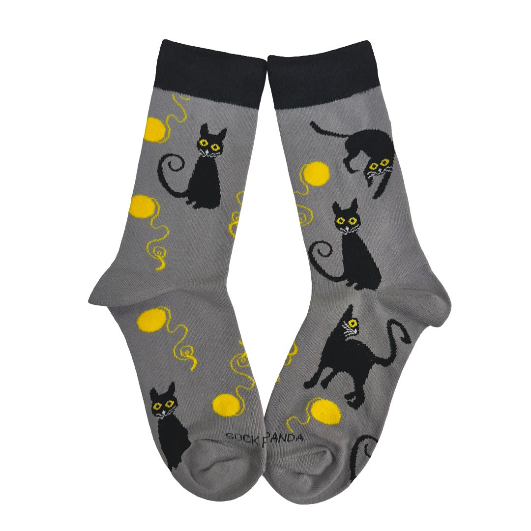 Black Cat Playing with Yarn Socks (Adult Medium - Women's Shoe Sizes 5-10)
