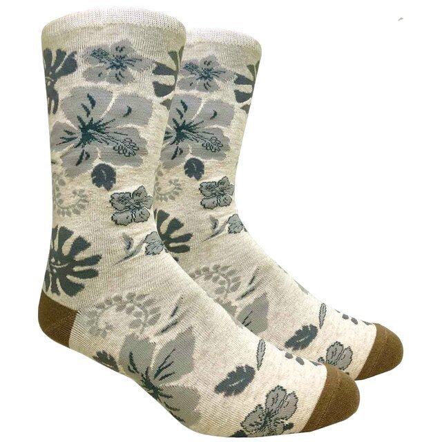 Aloha Hawaiian Floral Hibiscus Pattern Socks (Adult Large) Beige-Aloha