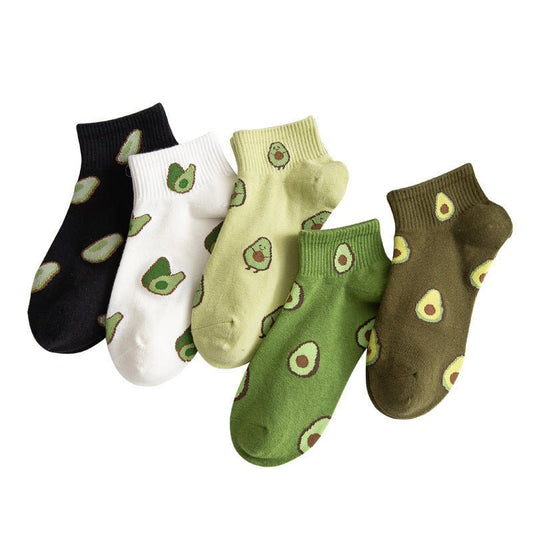 Avocado Patterned Short Ankle Socks (Adult Medium - Women's Shoe Sizes 5-10) Ridged Avocado Ankle Bl