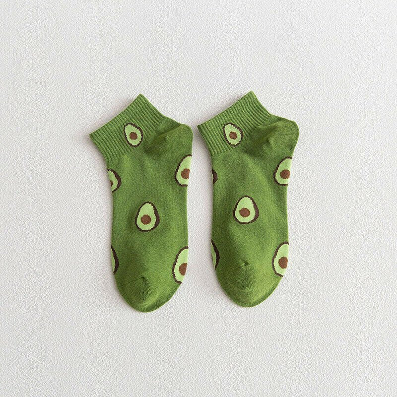 Avocado Patterned Short Ankle Socks (Adult Medium - Women's Shoe Sizes 5-10) Ridged Avocado Ankle Lime