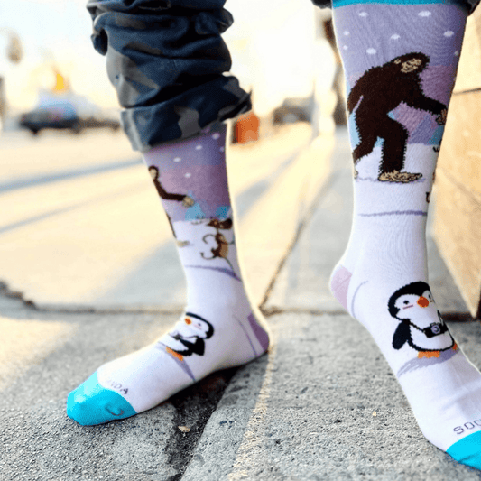 Bigfoot with Reindeer and Penguin Socks from the Sock Panda (Adult Large - Men's Shoe Sizes 8 - 12)