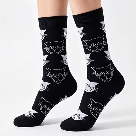 Black and White Cat Pattern Socks (Adult Medium - Women's Shoe Sizes 5-10) - Classic BWCatPattMd3