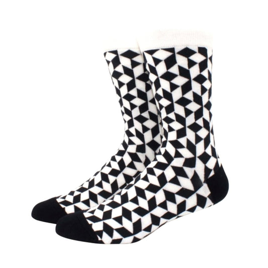 Black and White Diamond 3D Cubed Patterned Socks (Adult Large - Men's Shoe Sizes 8 - 12)