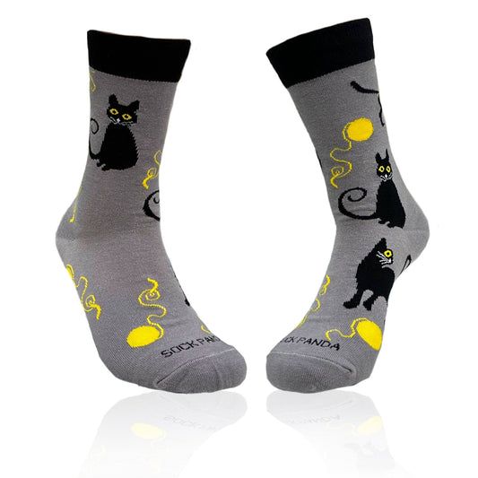 Black Cat Playing with Yarn Socks (Adult Medium - Women's Shoe Sizes 5 - 10)