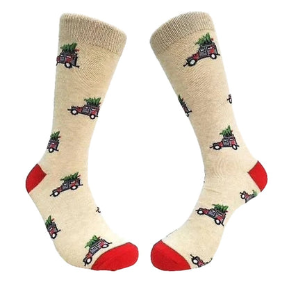 Christmas Tree on Wagons Crew Socks (Adult Medium - Women's Shoe Sizes 5 - 10)