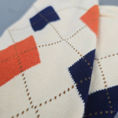 Cream Argyle Socks from the Sock Panda (Adult Large) - Blue and Coral Diamond