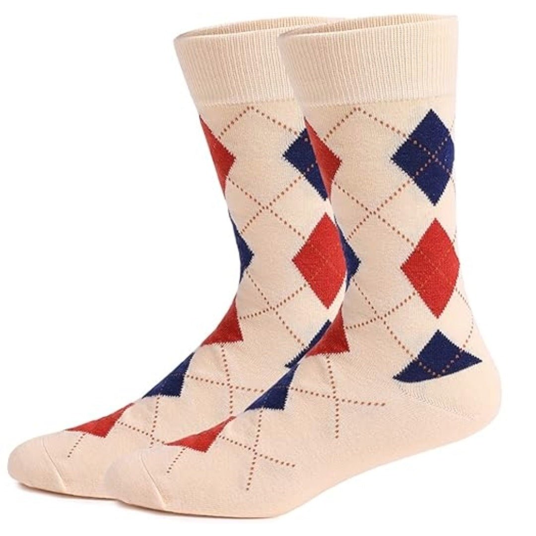 Cream Argyle Socks from the Sock Panda (Adult Large) - Blue and Coral Diamond
