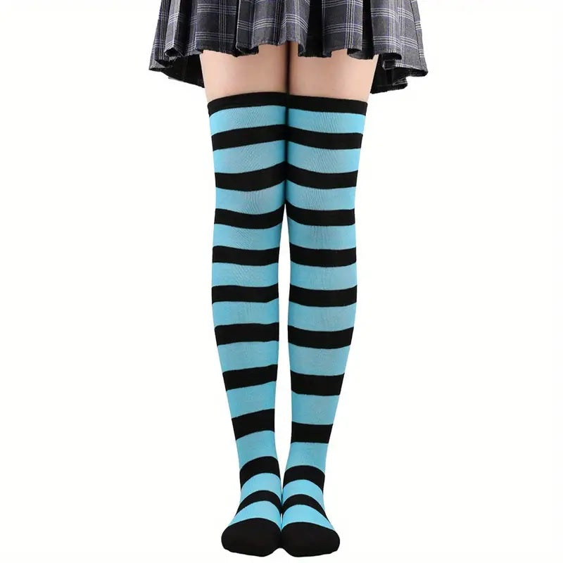 Striped Patterned Socks (Thigh High) Bright Blue and Black