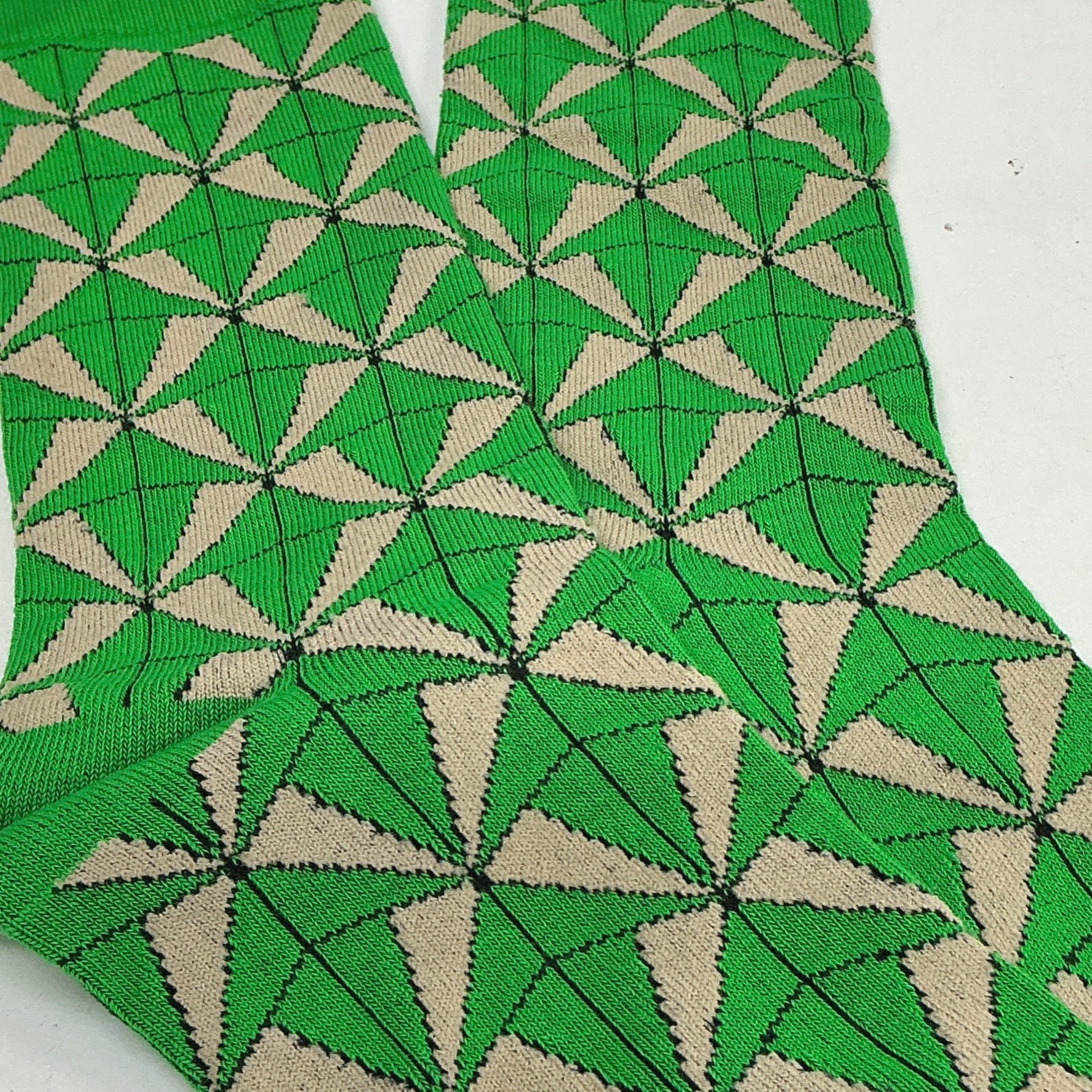 Green and Dark Beige Geometric Socks from the Sock Panda (Adult Large)