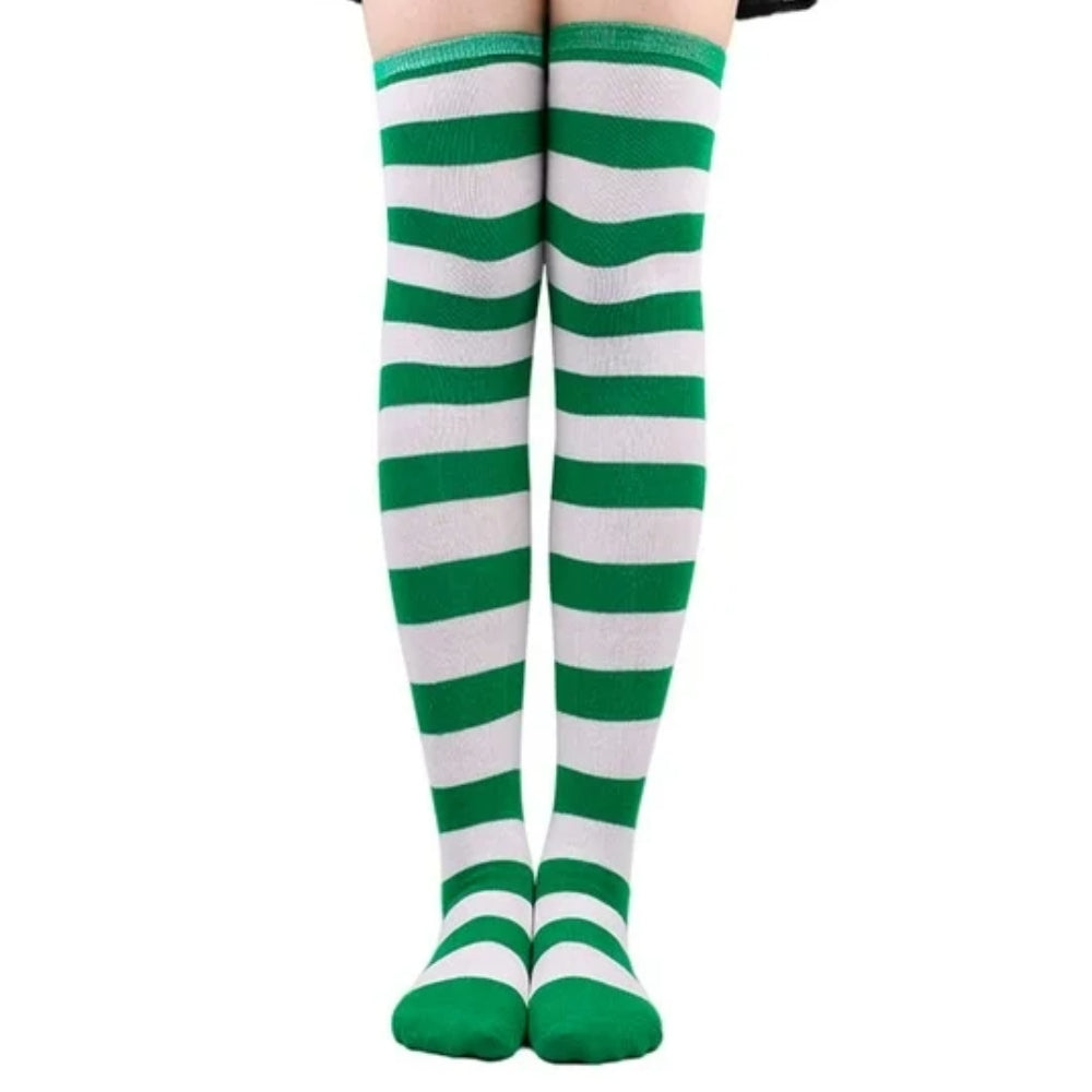 Striped Patterned Socks (Thigh High) Kelly Green and White