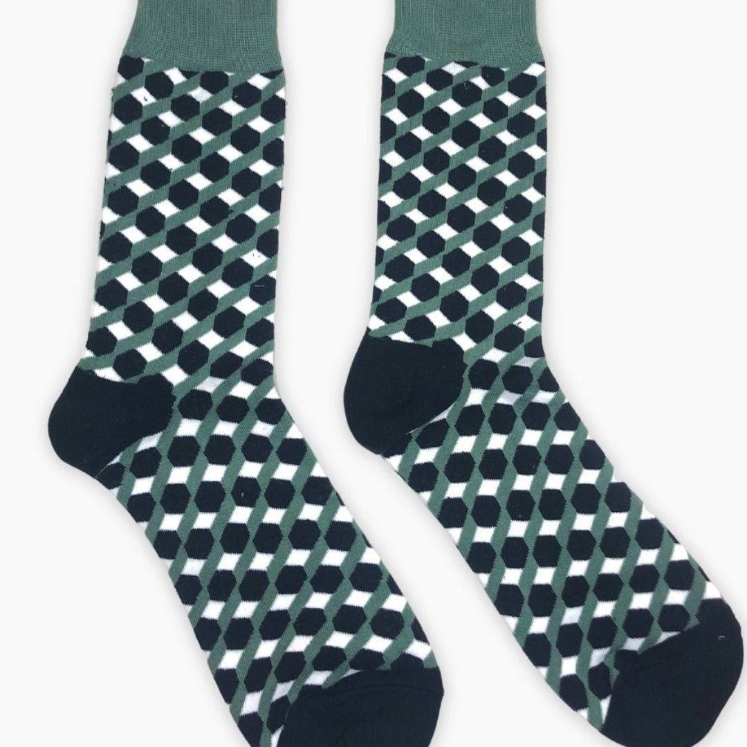 Olive Green, Black and White 3D Cubed Patterned Socks (Adult Large)