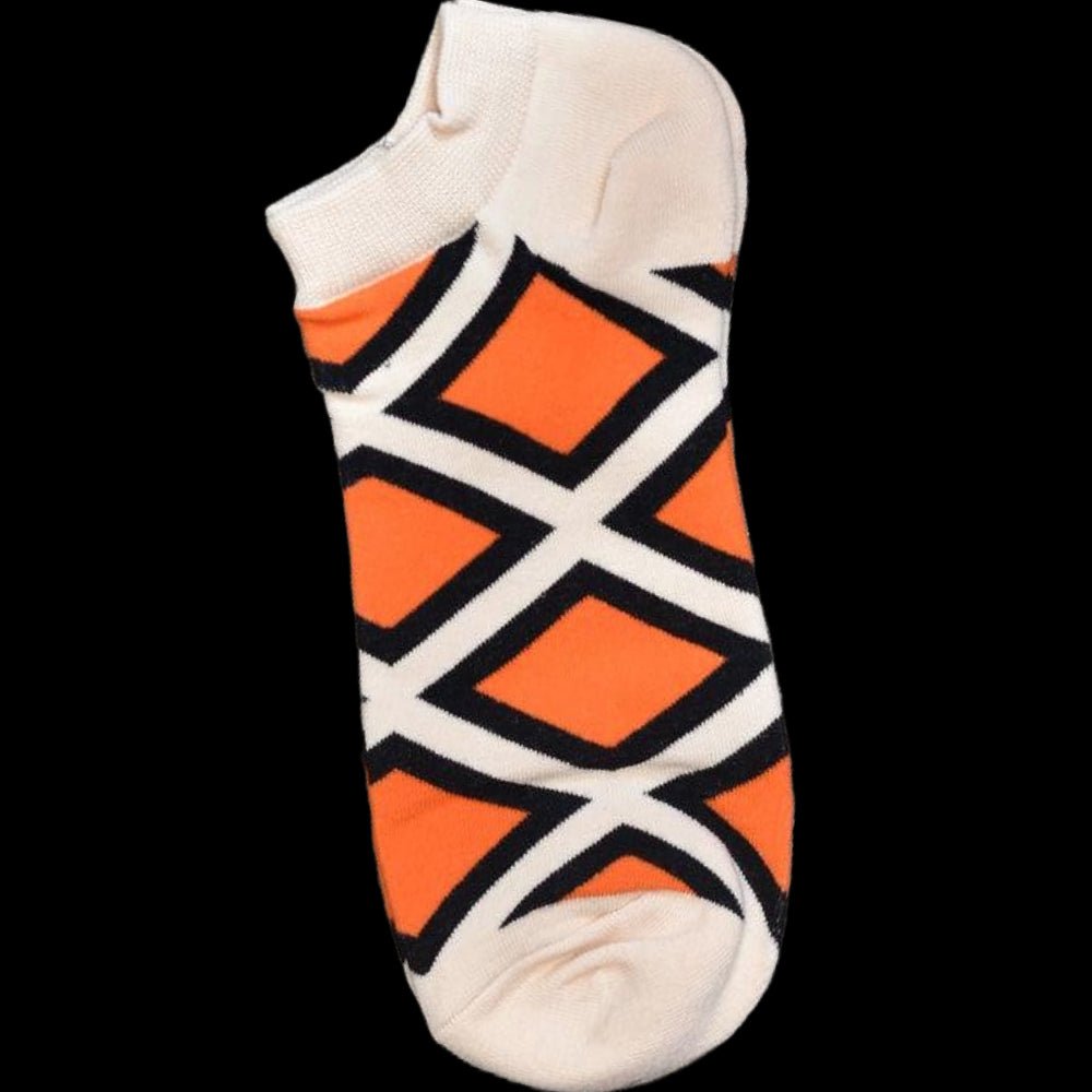 Orange, Black and White Geometric Pattern Ankle Socks (Adult Large - Men's Shoe Sizes 8 - 12)