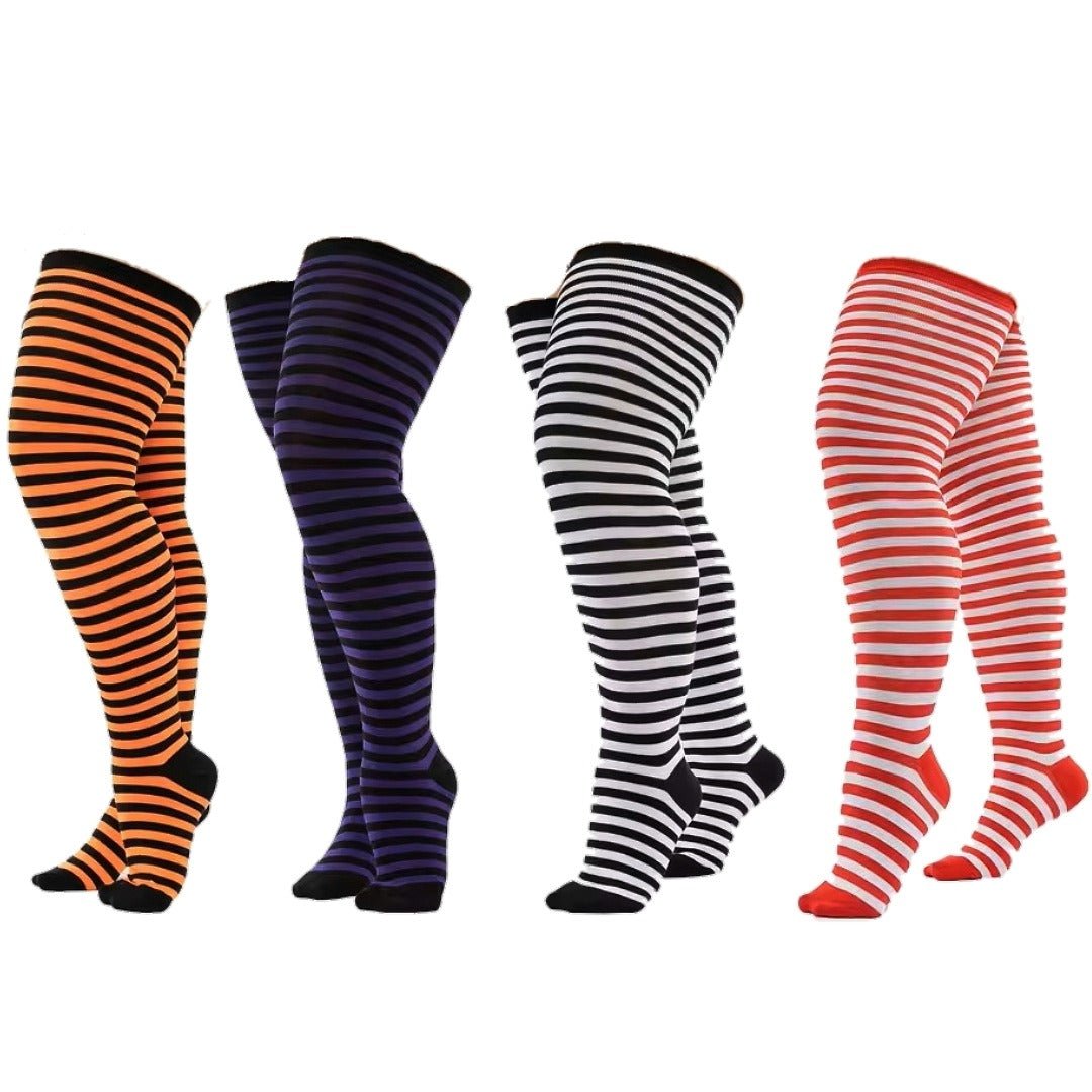 Plus Size Thin Striped Patterned Socks (Thigh High)