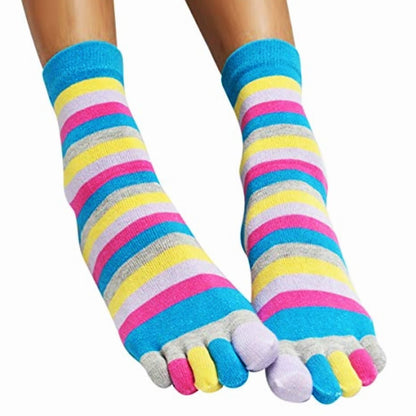 Rainbow Striped Pattern Toe Socks (Adult Medium - Women's Shoe Sizes 5 - 10) - Blue Accent