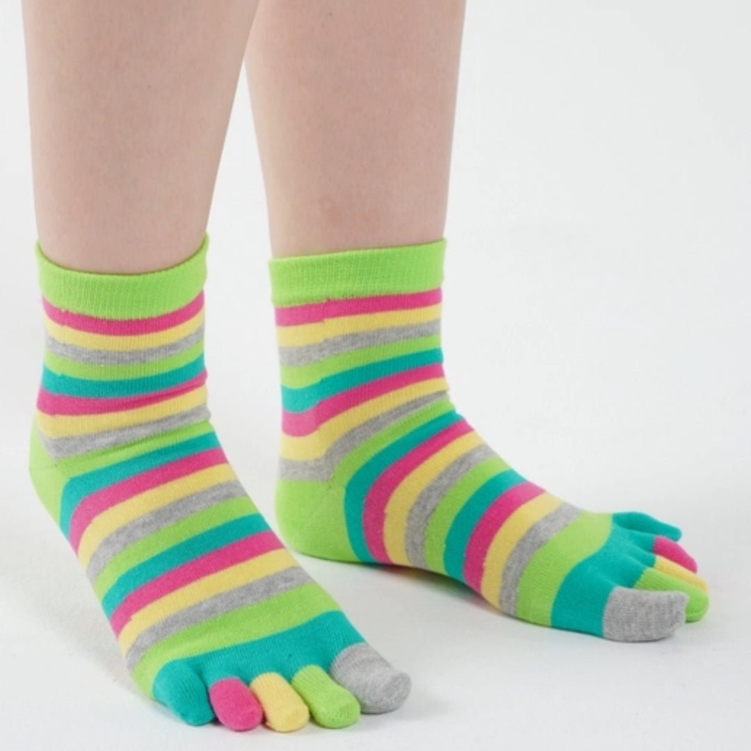 Rainbow Striped Pattern Toe Socks (Adult Medium - Women's Shoe Sizes 5 - 10) - Green Accent