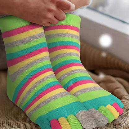 Rainbow Striped Pattern Toe Socks (Adult Medium - Women's Shoe Sizes 5 - 10) - Green Accent