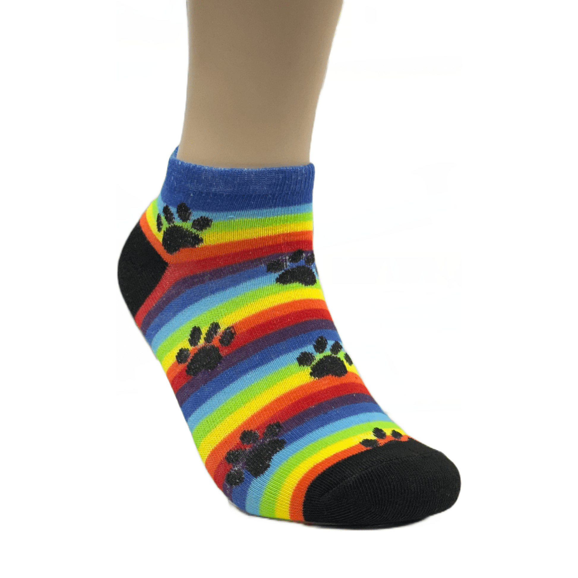 Rainbow Striped with Animal Paw Prints Ankle Socks (Adult Medium - Women's Shoe Sizes 5 - 10)