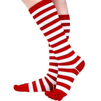 Red and White Striped Knee High Socks (Toe Socks)